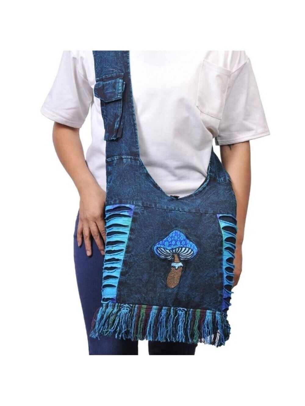 Mushroom Embroidered Hippie Boho Crossbody Cotton Hobo Bag - Picture 2 of 7